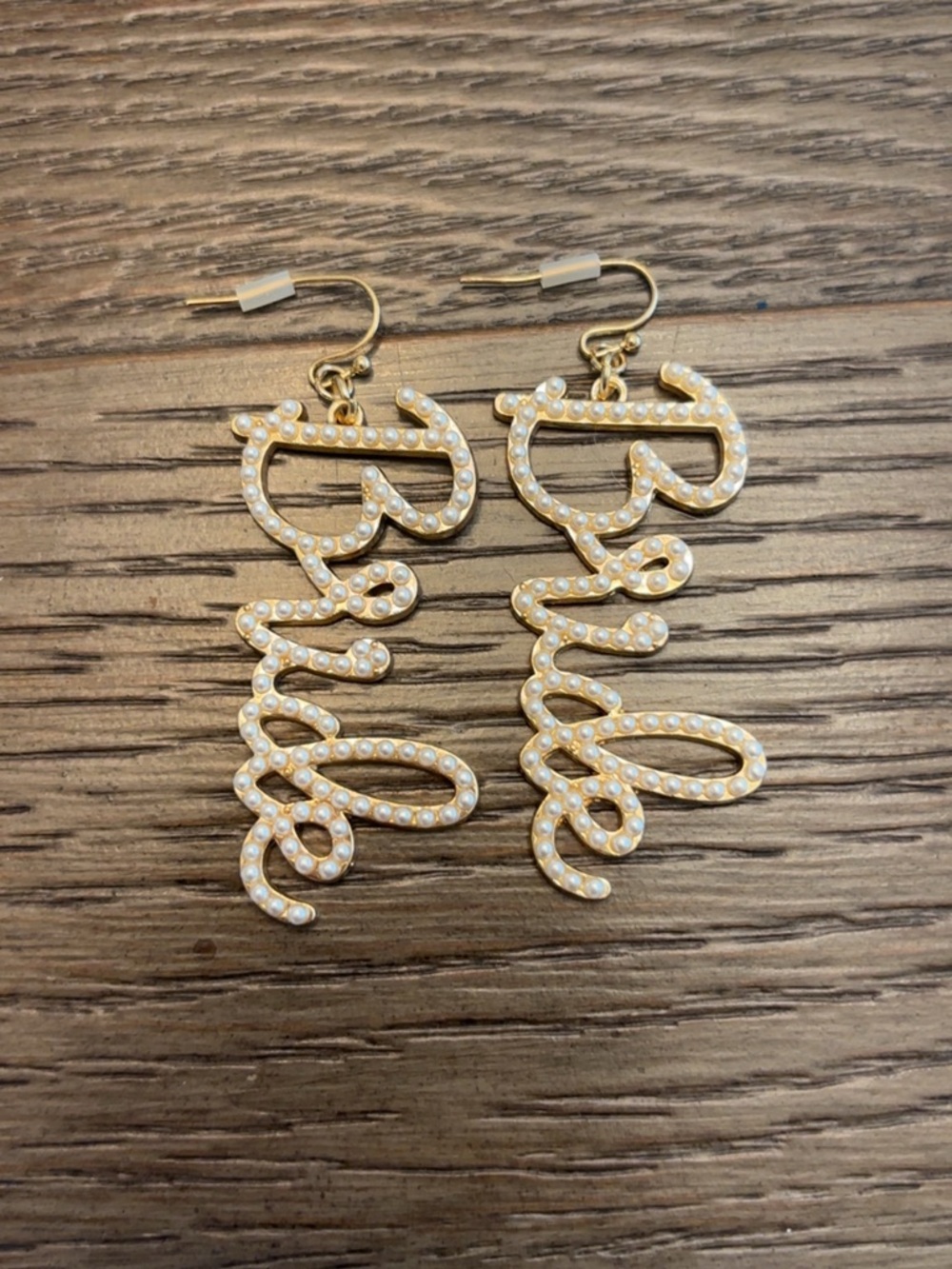 Gold Pearl-Accented 'Bride' Script Drop Earrings - Women Jewelry